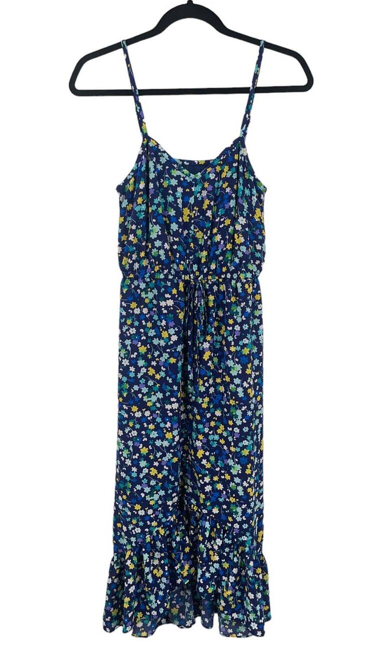 Donna Morgan dress strappy v neck high low midi floral blue size 2